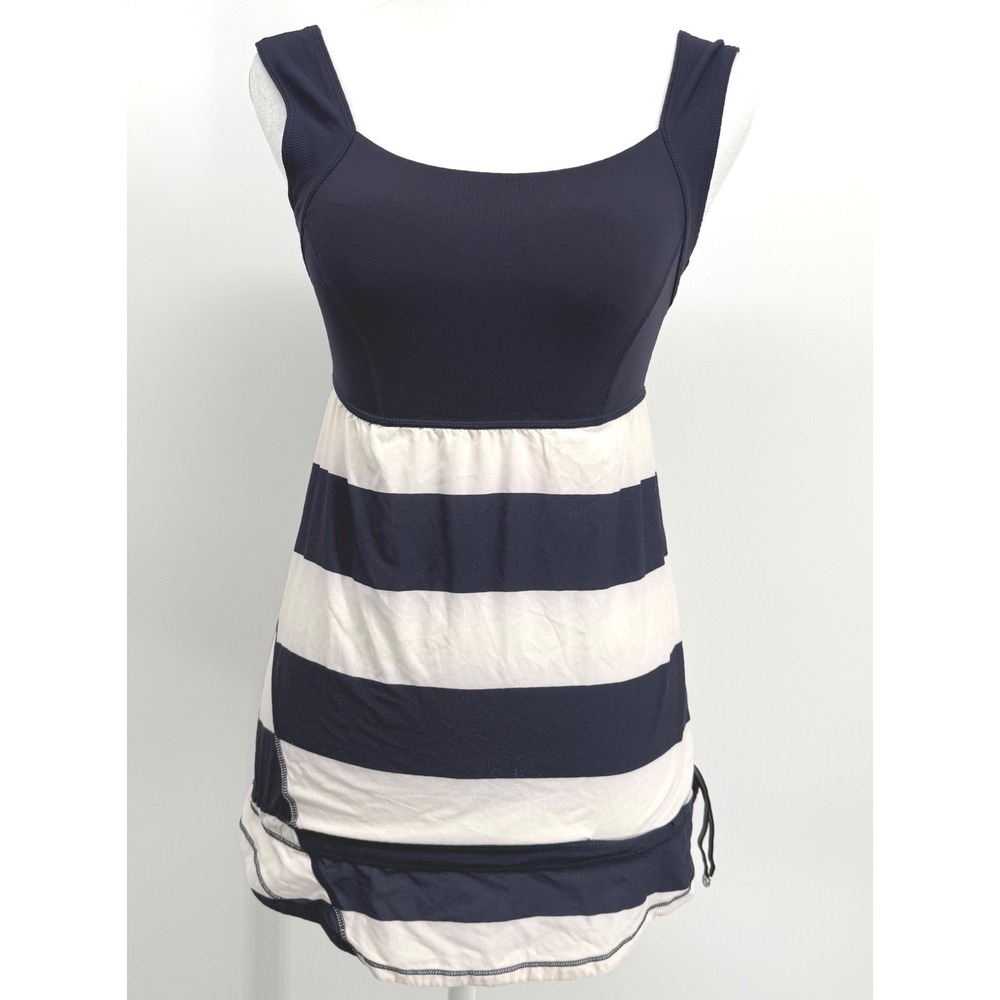 Lululemon Athletica Navy White Striped Cinch Hem Tank Top Built In Bra Size 4